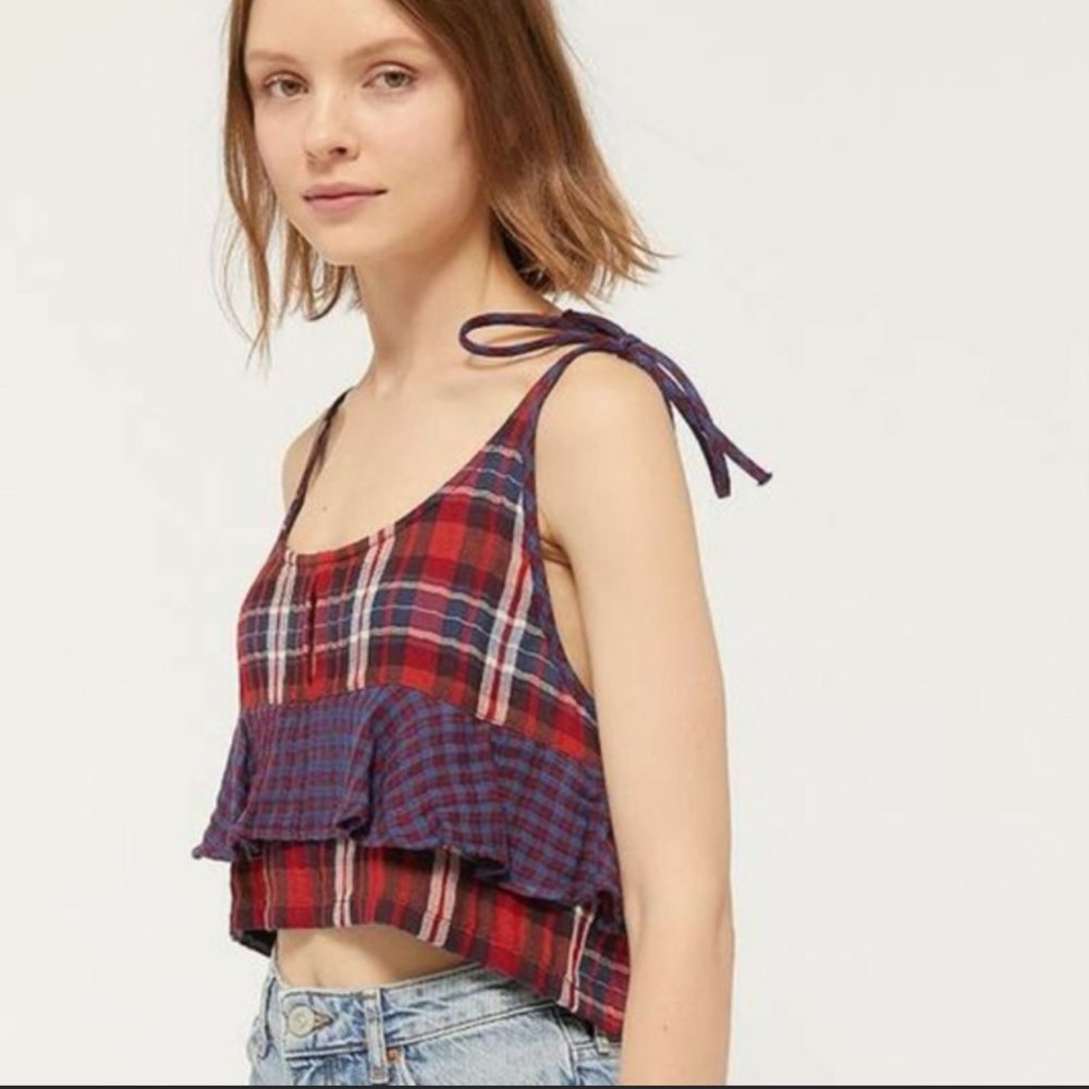 urban outfitters jo plaid tie shoulder crop top